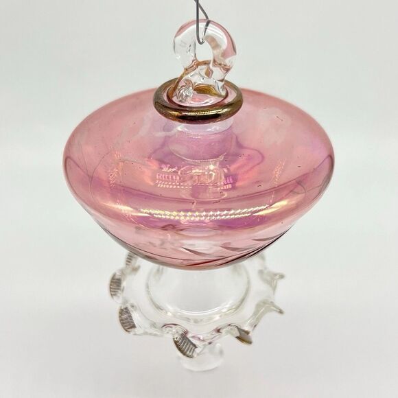VTG Egyptian Museum Hand Blown Glass Ornament Teardrop 4” Cranberry/Clear Etched - Picture 3 of 12